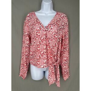 Gap Top Womens Small Red Floral Linen Wrap Long Sleeve Bohemian Cottage Boho